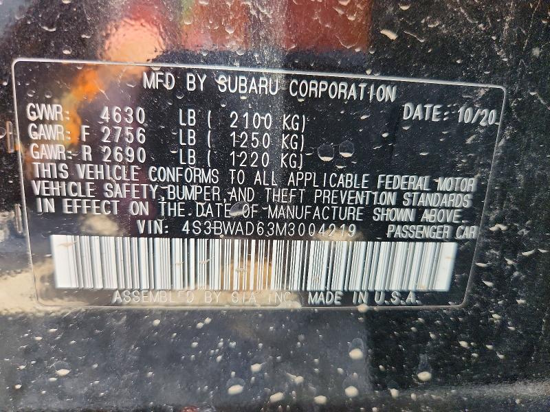 Aukcja sprzedaży 2021 Subaru Legacy, vin: 4S3BWAD63M3004219, numer aukcji: 63355216