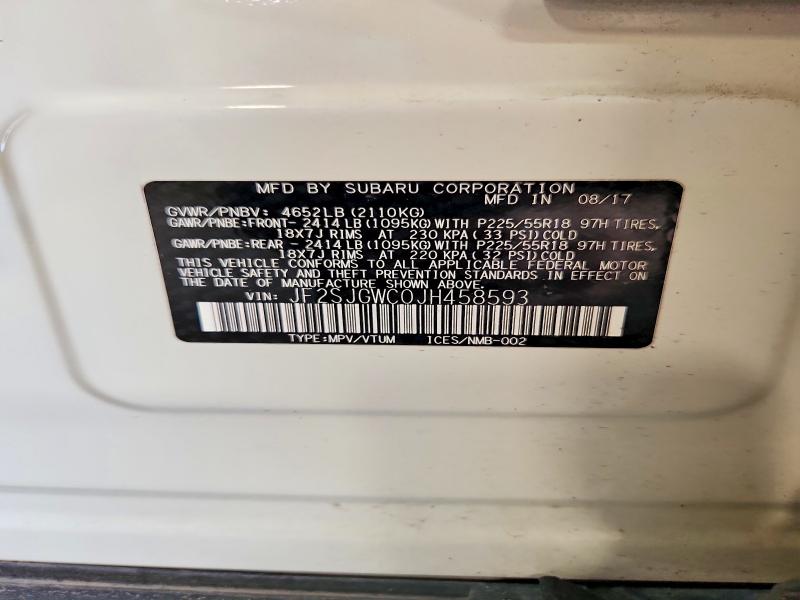 2018 Subaru Forester მანქანა იყიდება აუქციონზე, vin: JF2SJGWC0JH458593, აუქციონის ნომერი: 60714836