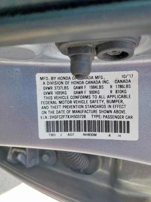 Продаж на аукціоні авто 2018 Honda Civic, vin: 2HGFC2F7XJH503728, номер лоту: 59542186