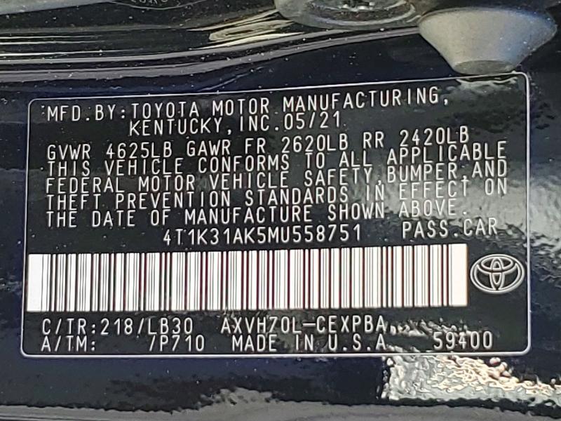 Auction sale of the 2021 Toyota Camry, vin: 4T1K31AK5MU558751, lot number: 59389766