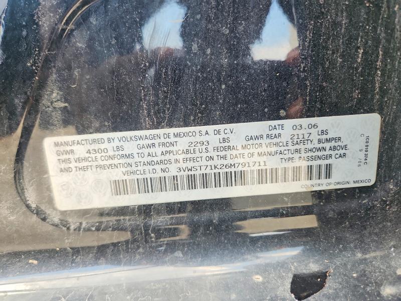 2006 Volkswagen Jetta მანქანა იყიდება აუქციონზე, vin: 3VWST71K26M791711, აუქციონის ნომერი: 60171956