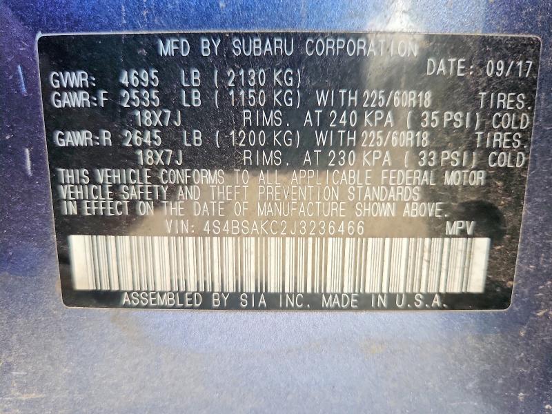 63148816 :رقم المزاد ، 4S4BSAKC2J3236466 vin ، 2018 Subaru Outback مزاد بيع