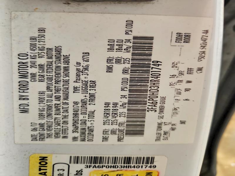 Aukcja sprzedaży 2017 Ford Fusion, vin: 3FA6P0HD3HR401749, numer aukcji: 62689636
