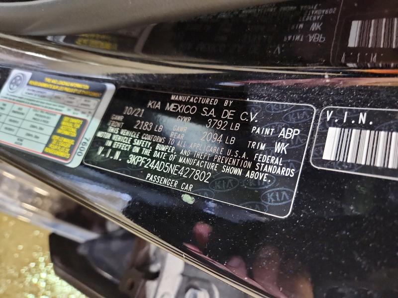 2022 Kia Forte მანქანა იყიდება აუქციონზე, vin: 3KPF24AD5NE427802, აუქციონის ნომერი: 58835616