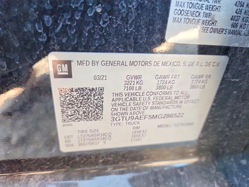 Aukcja sprzedaży 2021 Gmc Sierra, vin: 3GTU9AEF5MG286522, numer aukcji: 74513195