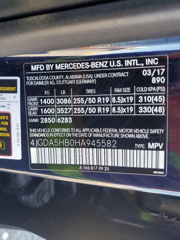 85451975 :رقم المزاد ، 4JGDA5HB0HA945582 vin ، 2017 Mercedes-benz Gle مزاد بيع