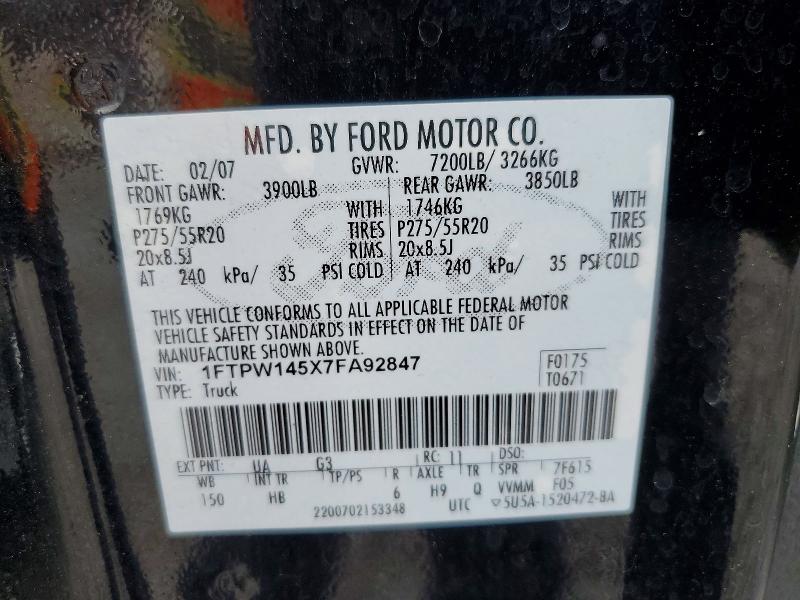 2007 Ford F150 მანქანა იყიდება აუქციონზე, vin: 1FTPW145X7FA92847, აუქციონის ნომერი: 62678686