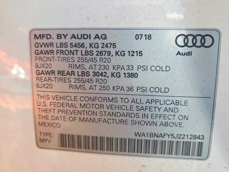 2018 Audi Q5 მანქანა იყიდება აუქციონზე, vin: WA1BNAFY5J2212843, აუქციონის ნომერი: 60058276