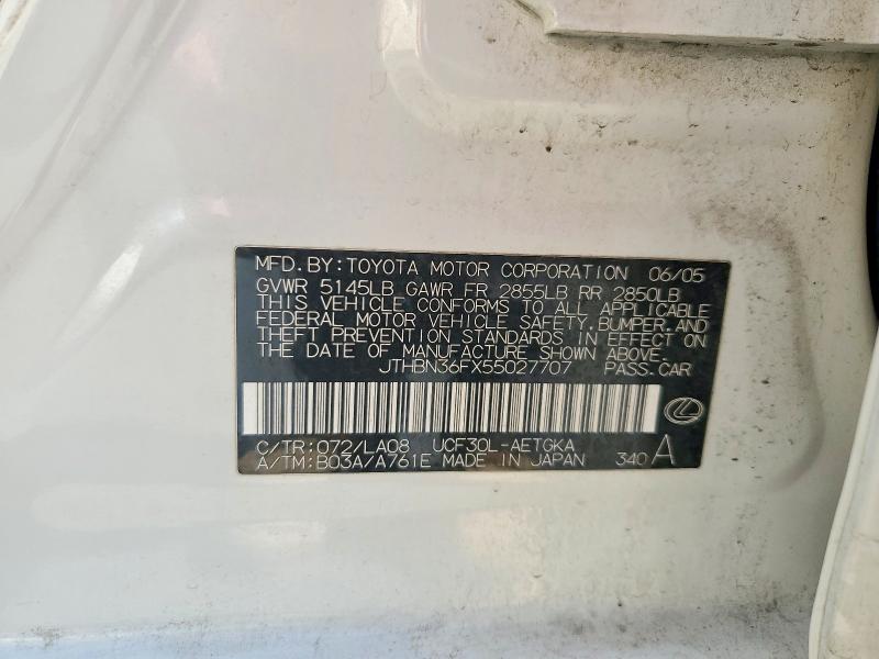 60528036 :رقم المزاد ، JTHBN36FX55027707 vin ، 2005 Lexus Ls مزاد بيع