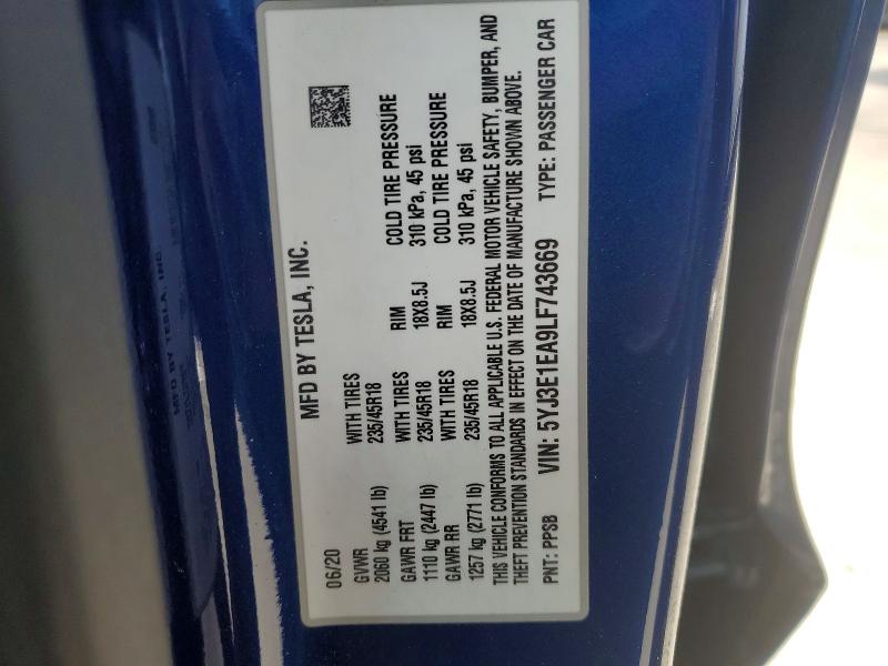 Продаж на аукціоні авто 2020 Tesla Model 3, vin: 5YJ3E1EA9LF743669, номер лоту: 59298116