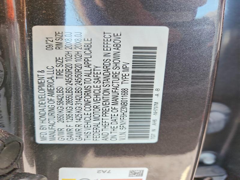 59727286 :رقم المزاد ، 5FNYF6H23NB011688 vin ، 2022 Honda Pilot مزاد بيع
