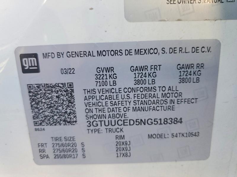 Aukcja sprzedaży 2022 Gmc Sierra, vin: 3GTUUCED5NG518384, numer aukcji: 61867656