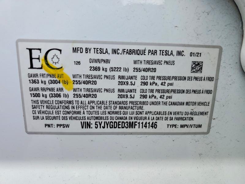60137526 :رقم المزاد ، 5YJYGDED3MF114146 vin ، 2021 Tesla Model Y مزاد بيع