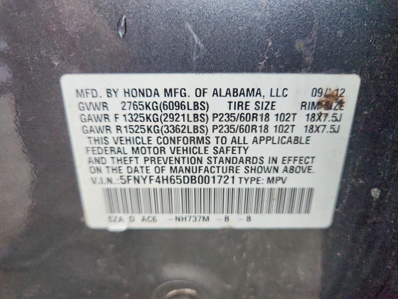 2013 Honda Pilot მანქანა იყიდება აუქციონზე, vin: 5FNYF4H65DB001721, აუქციონის ნომერი: 63313196
