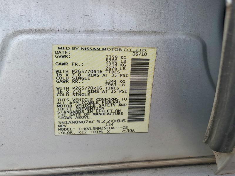 62242206 :رقم المزاد ، 5N1AN0NU7AC522086 vin ، 2010 Nissan Xterra مزاد بيع