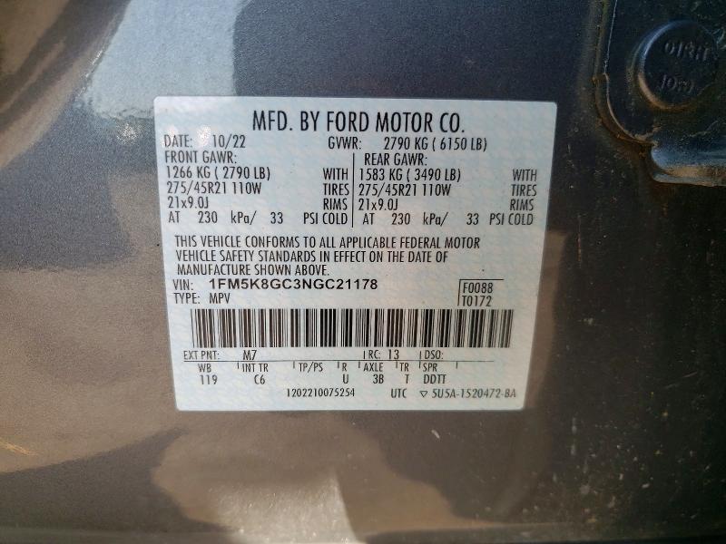 Auction sale of the 2022 Ford Explorer, vin: 1FM5K8GC3NGC21178, lot number: 61391736
