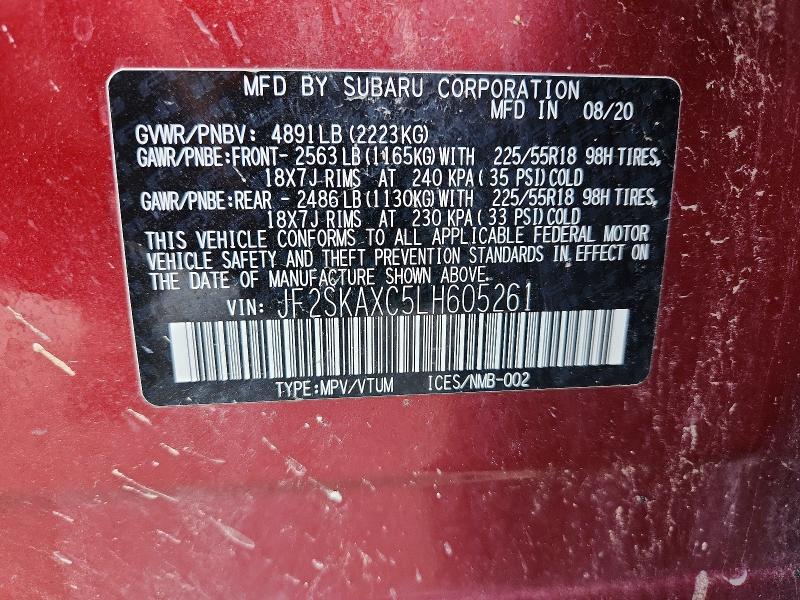 2020 Subaru Forester მანქანა იყიდება აუქციონზე, vin: JF2SKAXC5LH605261, აუქციონის ნომერი: 60954786