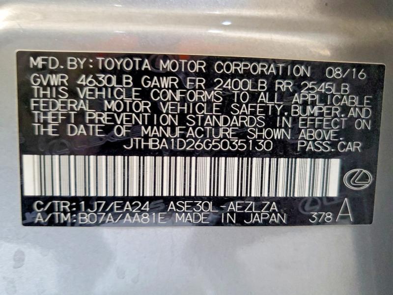 Продаж на аукціоні авто 2016 Lexus Is, vin: JTHBA1D26G5035130, номер лоту: 60444466