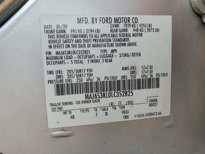 2020 Ford Ecosport მანქანა იყიდება აუქციონზე, vin: MAJ6S3KL0LC352825, აუქციონის ნომერი: 59405756
