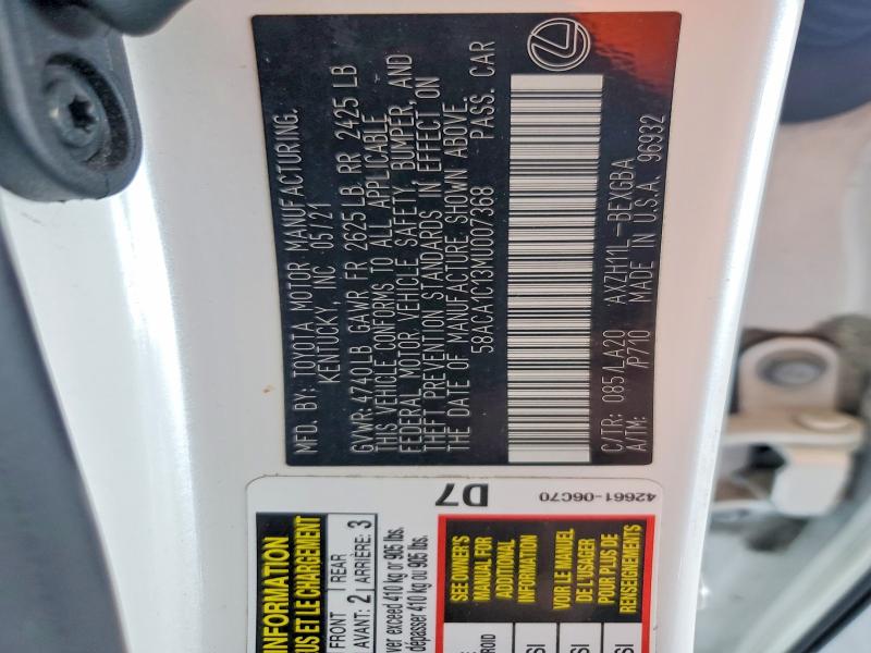 62469776 :رقم المزاد ، 58ACA1C13MU007368 vin ، 2021 Lexus Es 300h مزاد بيع