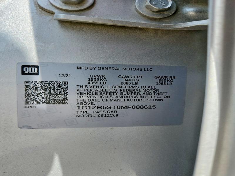 Продаж на аукціоні авто 2021 Chevrolet Malibu, vin: 1G1ZB5ST0MF088615, номер лоту: 61684336
