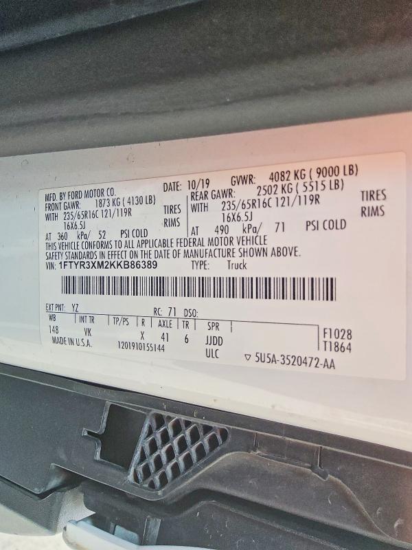 Aukcja sprzedaży 2019 Ford Transit, vin: 1FTYR3XM2KKB86389, numer aukcji: 61618056