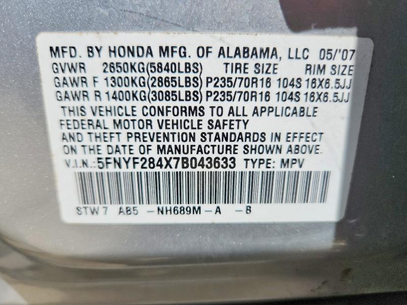 Продаж на аукціоні авто 2007 Honda Pilot, vin: 5FNYF284X7B043633, номер лоту: 61441356