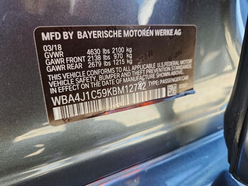 2019 Bmw 430i მანქანა იყიდება აუქციონზე, vin: WBA4J1C59KBM12742, აუქციონის ნომერი: 62993236