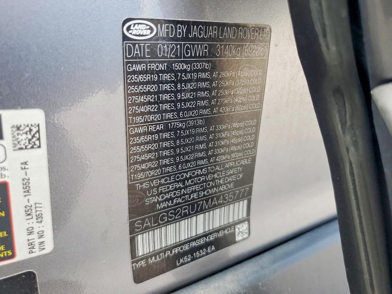 Продажа на аукционе авто 2021 Land Rover Range Rover, vin: SALGS2RU7MA435777, номер лота: 60924016