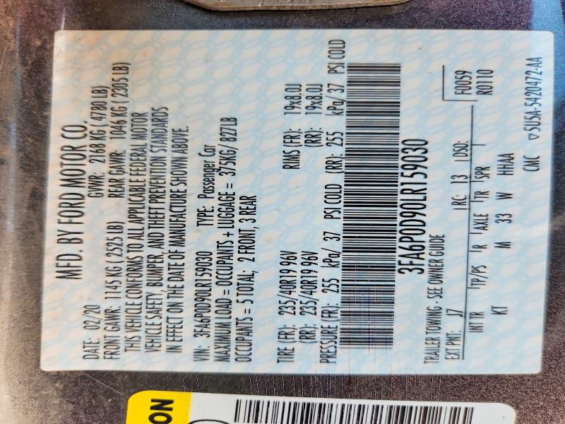 60506966 :رقم المزاد ، 3FA6P0D90LR159030 vin ، 2020 Ford Fusion مزاد بيع
