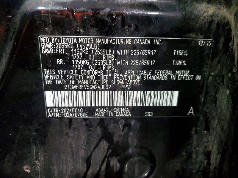 Продажа на аукционе авто 2016 Toyota Rav4, vin: 2T3WFREV5GW243892, номер лота: 60615816