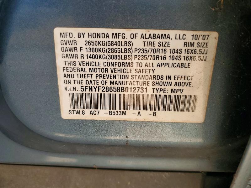 Продажа на аукционе авто 2008 Honda Pilot, vin: 5FNYF28658B012731, номер лота: 62440286
