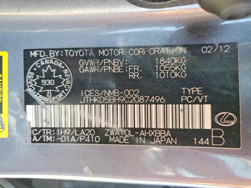 62934726 :رقم المزاد ، JTHKD5BH9C2087496 vin ، 2012 Lexus Ct 200h مزاد بيع