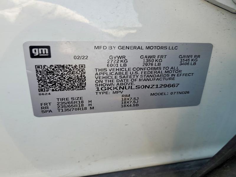 Aukcja sprzedaży 2022 Gmc Acadia, vin: 1GKKNULS0NZ129667, numer aukcji: 62139986