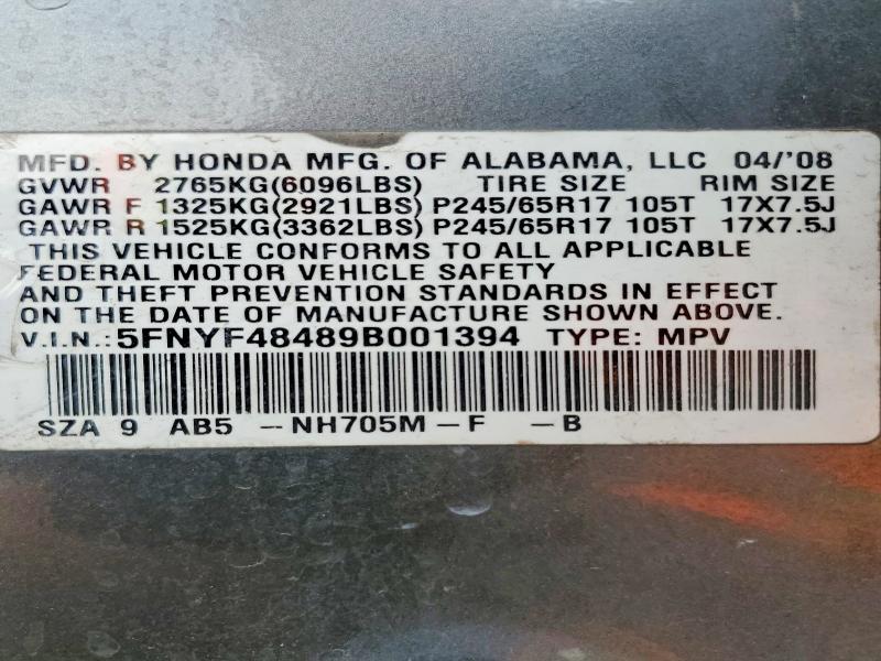 Продажа на аукционе авто 2009 Honda Pilot, vin: 5FNYF48489B001394, номер лота: 62435146