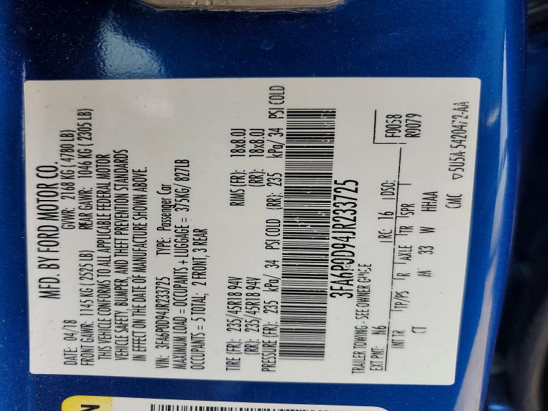Aukcja sprzedaży 2018 Ford Fusion, vin: 3FA6P0D94JR233725, numer aukcji: 62359866