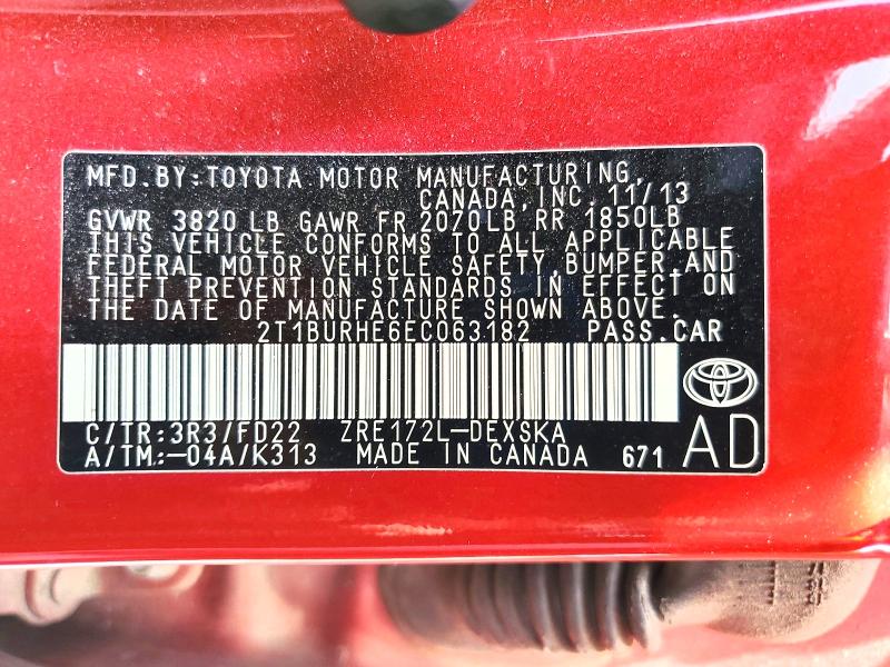 2014 Toyota Corolla მანქანა იყიდება აუქციონზე, vin: 2T1BURHE6EC063182, აუქციონის ნომერი: 62386736