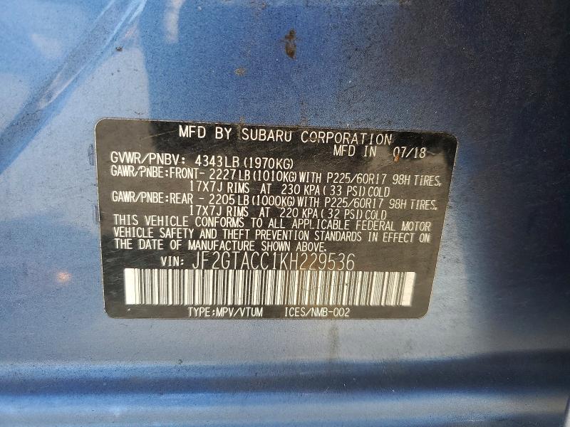 60707696 :رقم المزاد ، JF2GTACC1KH229536 vin ، 2019 Subaru Crosstrek مزاد بيع