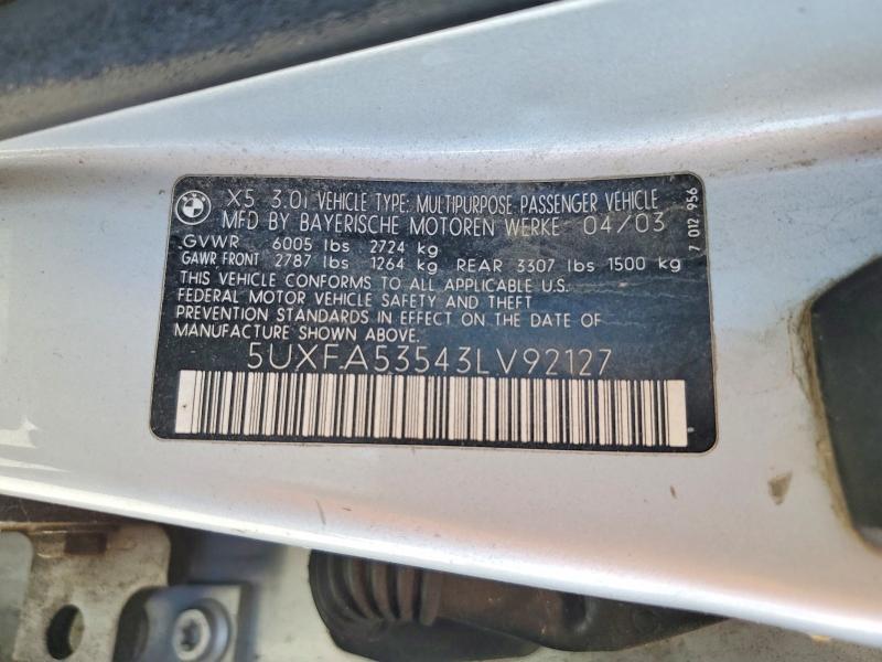 2003 Bmw X5 მანქანა იყიდება აუქციონზე, vin: 5UXFA53543LV92127, აუქციონის ნომერი: 61809656