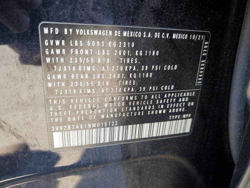 Aukcja sprzedaży 2022 Volkswagen Tiguan, vin: 3VV2B7AX1NM019122, numer aukcji: 60881156