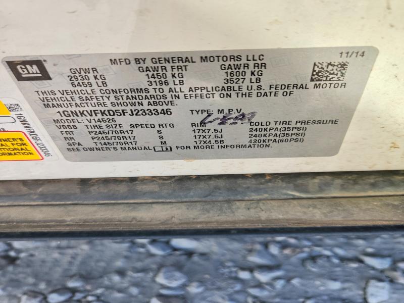 Aukcja sprzedaży 2015 Chevrolet Traverse, vin: 1GNKVFKD5FJ233346, numer aukcji: 62291886