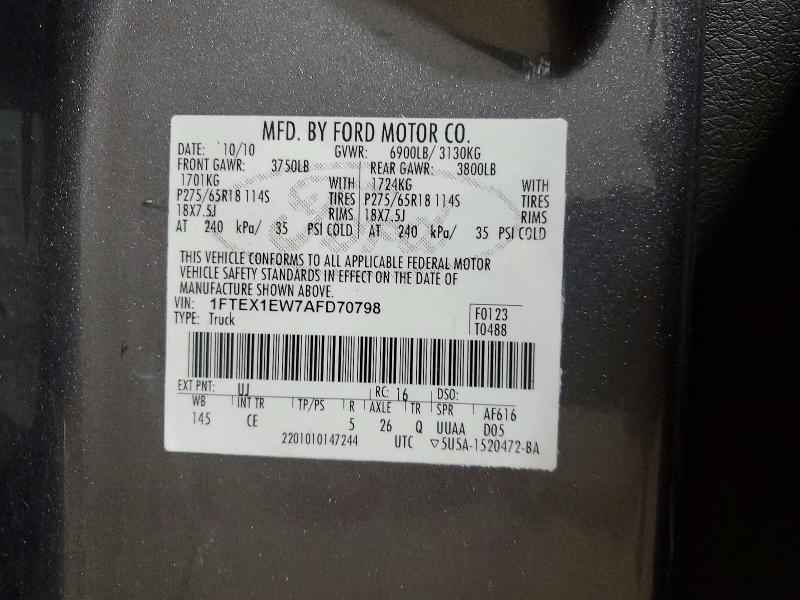 2010 Ford F150 მანქანა იყიდება აუქციონზე, vin: 1FTEX1EW7AFD70798, აუქციონის ნომერი: 59006516