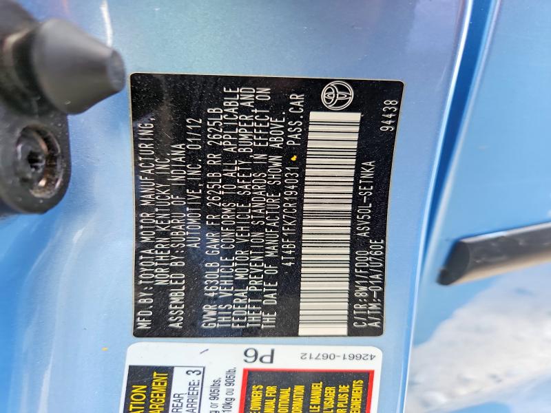 58923886 :رقم المزاد ، 4T4BF1FK7CR194031 vin ، 2012 Toyota Camry مزاد بيع