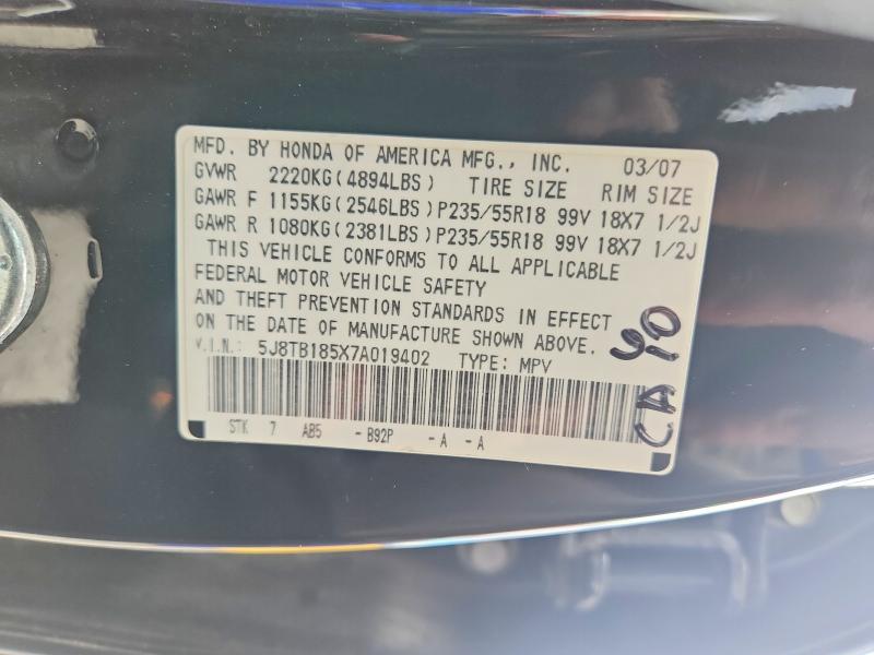 Aukcja sprzedaży 2007 Acura Rdx, vin: 5J8TB185X7A019402, numer aukcji: 60772996