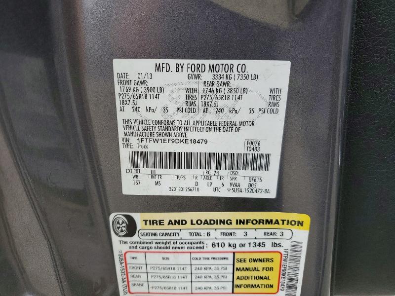 2013 Ford F150 მანქანა იყიდება აუქციონზე, vin: 1FTFW1EF9DKE18479, აუქციონის ნომერი: 59868676