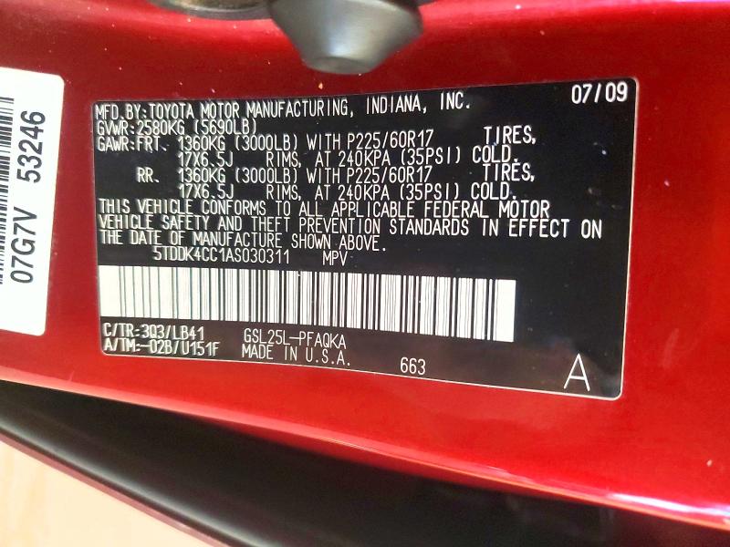 Aukcja sprzedaży 2010 Toyota Sienna, vin: 5TDDK4CC1AS030311, numer aukcji: 63518646