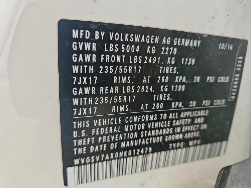 61937986 :رقم المزاد ، WVGSV7AX0HK012479 vin ، 2017 Volkswagen Tiguan مزاد بيع