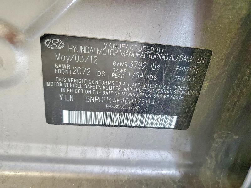 2013 Hyundai Elantra მანქანა იყიდება აუქციონზე, vin: 5NPDH4AE4DH175114, აუქციონის ნომერი: 60481776