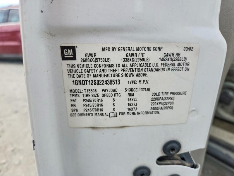 2002 Chevrolet Trailblazer მანქანა იყიდება აუქციონზე, vin: 1GNDT13S022438513, აუქციონის ნომერი: 60089436