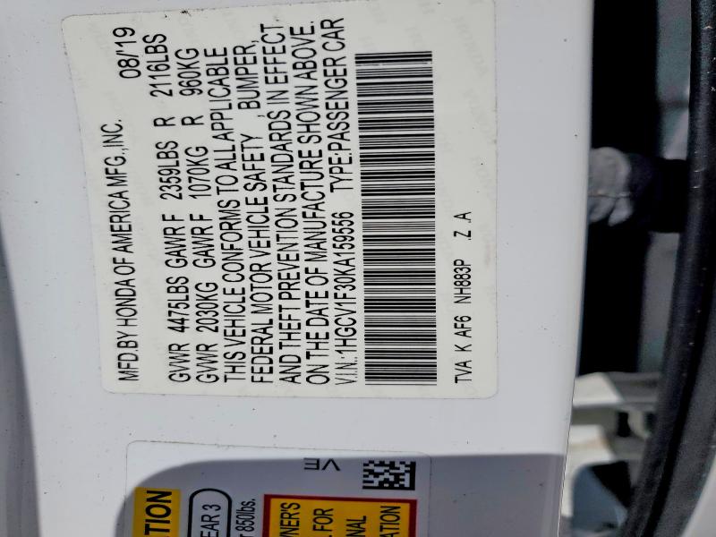 Aukcja sprzedaży 2019 Honda Accord, vin: 1HGCV1F30KA159556, numer aukcji: 61629446